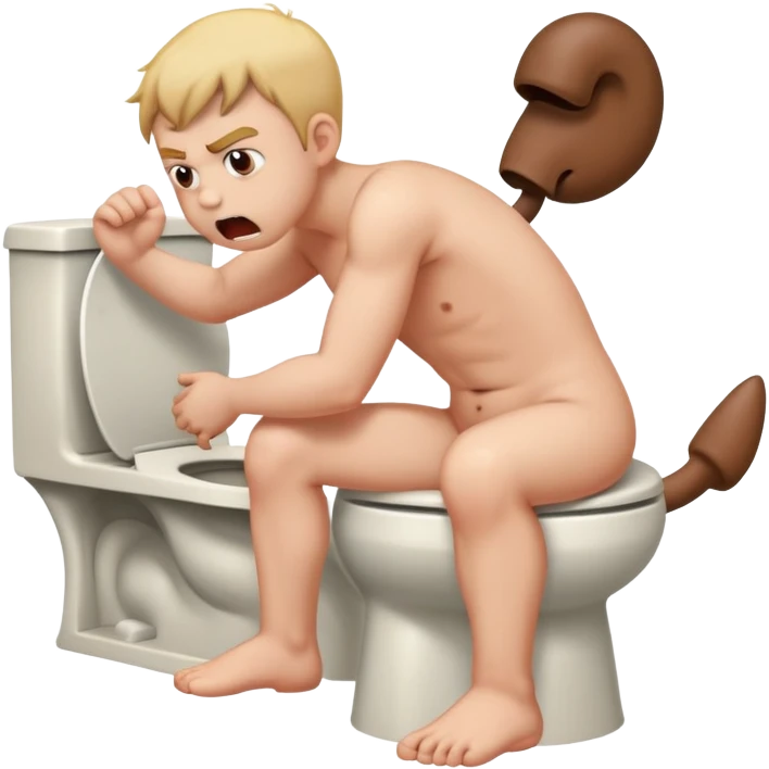 Kids male sitting naked on toilet Poops very pushing, angry, naked, with an erect penis, from tension in the asshole, half bent emoji