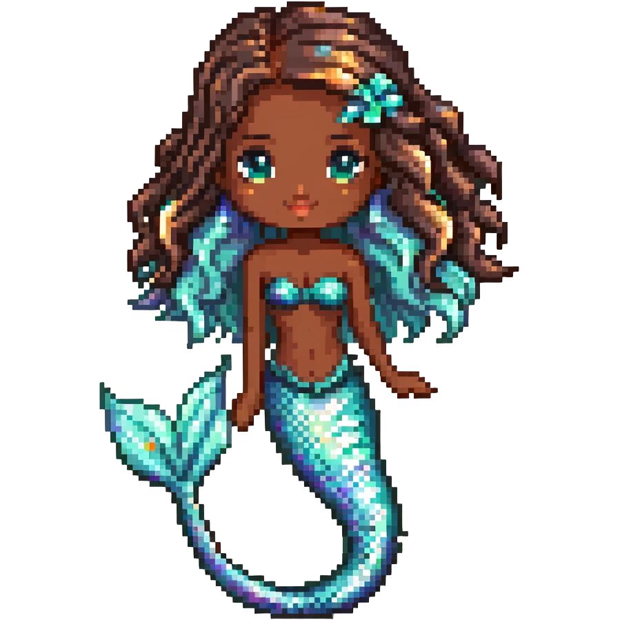 Beautiful mermaid with dark brown skin and iridescent scales emoji