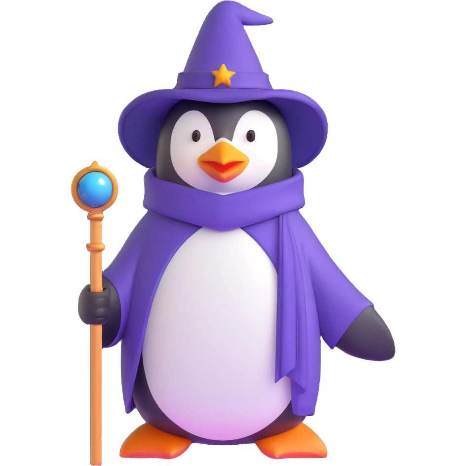 penguin wizard with staff and magical robe emoji