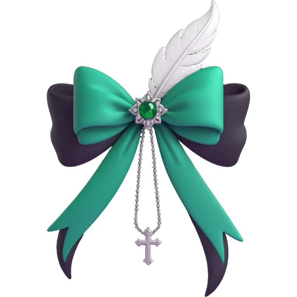 3D emoji gothic bow, dark emerald velvet, silver cross, feather details, lush and gothic emoji