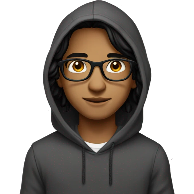 India boy middle parting black long hair dark hazel eyes thin glasses hoodie emoji