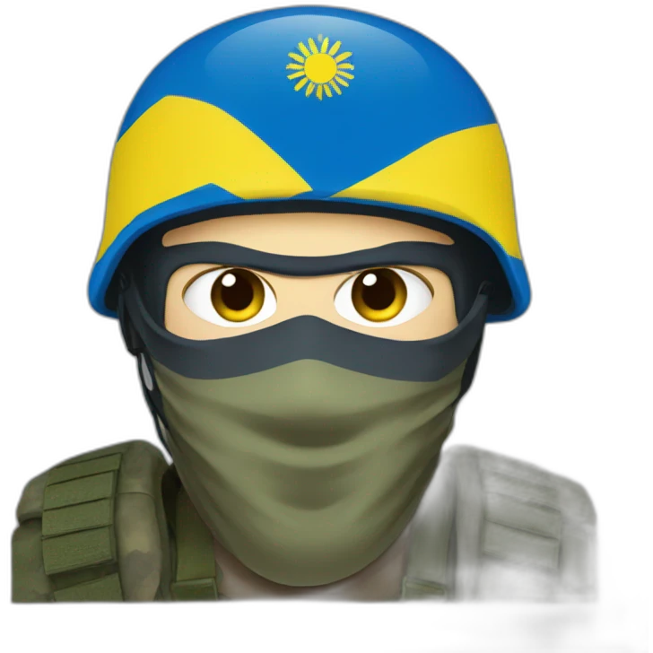 ukrainian soldier face in a mask with a ukrainian flag on the backgroun emoji