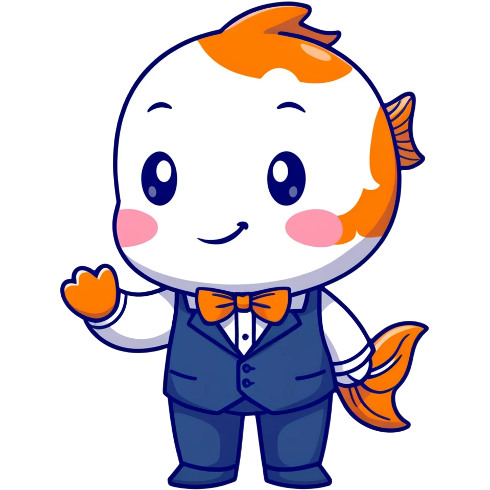 A charming and professional koi fish character, sleek rounded body with orange and white patterns, expressive eyes, friendly smile, wearing a neat business suit, white shirt, and tiny bowtie emoji