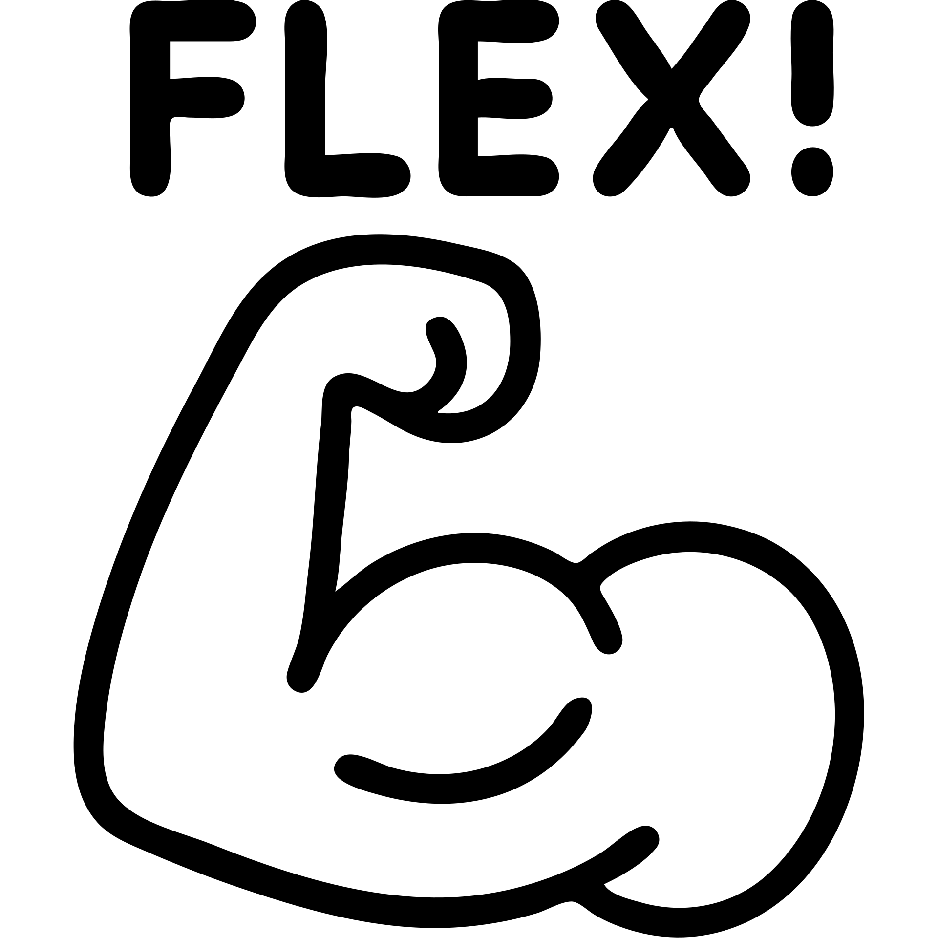 clean, bold cartoon-style flexing bicep emoji with the word ‘FLEX!’ written above the muscle in thick, playful lettering, simple colors, strong outline, easy to see when small, perfect for chat reactions emoji