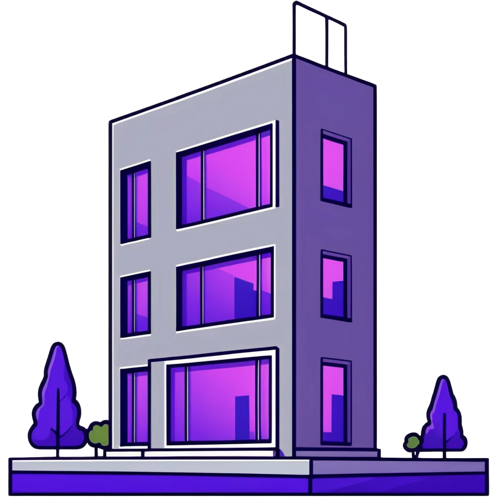Minimalist gray concrete panel building, slight ghetto vibe, one window with bright purple ultraviolet light for growing plants, simple rectangular shape, stark and bare emoji