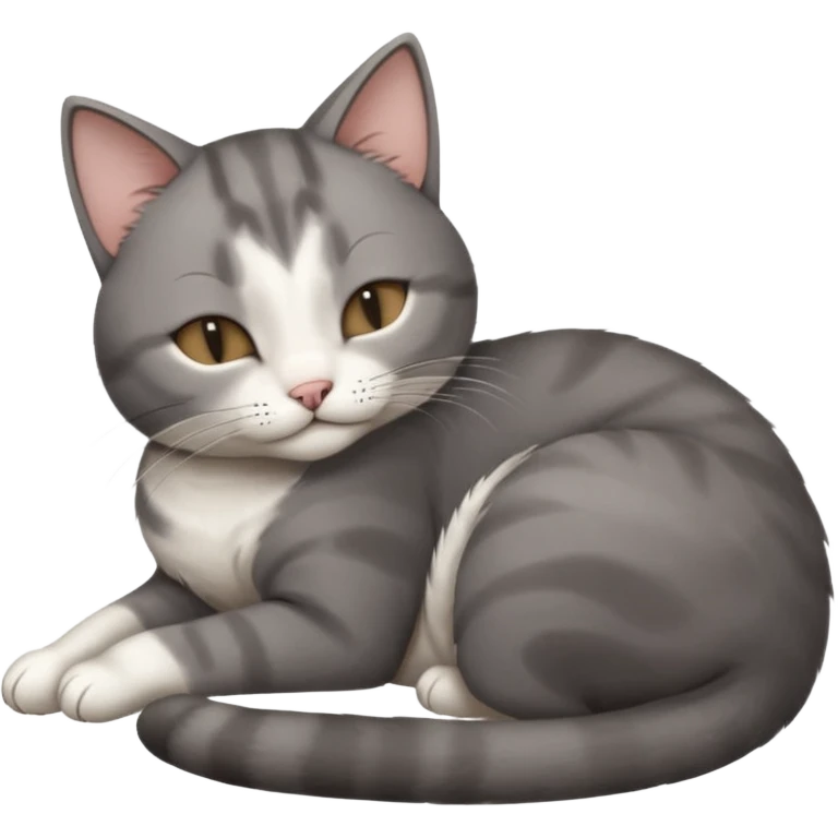 dark grey and white small cat with its eyes closed lying down leaning on its elbow with its paw curled under its head holding it up emoji