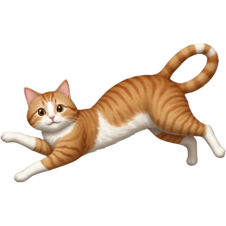 brown tabby and white cat with doing a big extremely long stretch reaching up into the air with arms and legs side by side together straight and overextended whilst lying on its side emoji