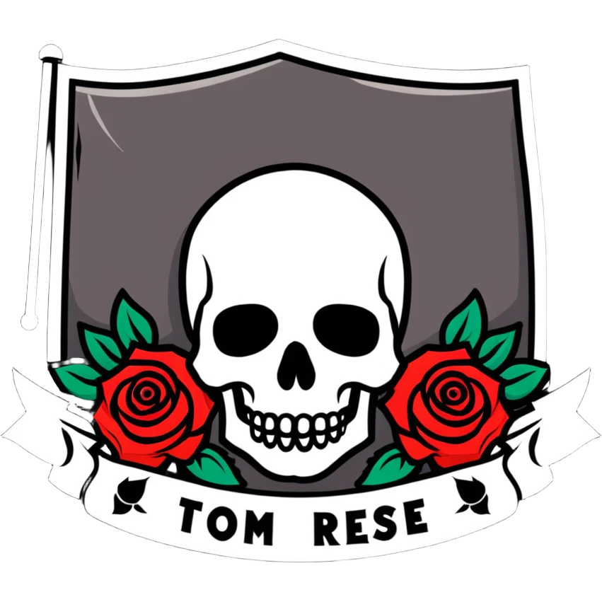 Traditional Americana tattoo art skull with bold outlines, red roses, and a banner emoji