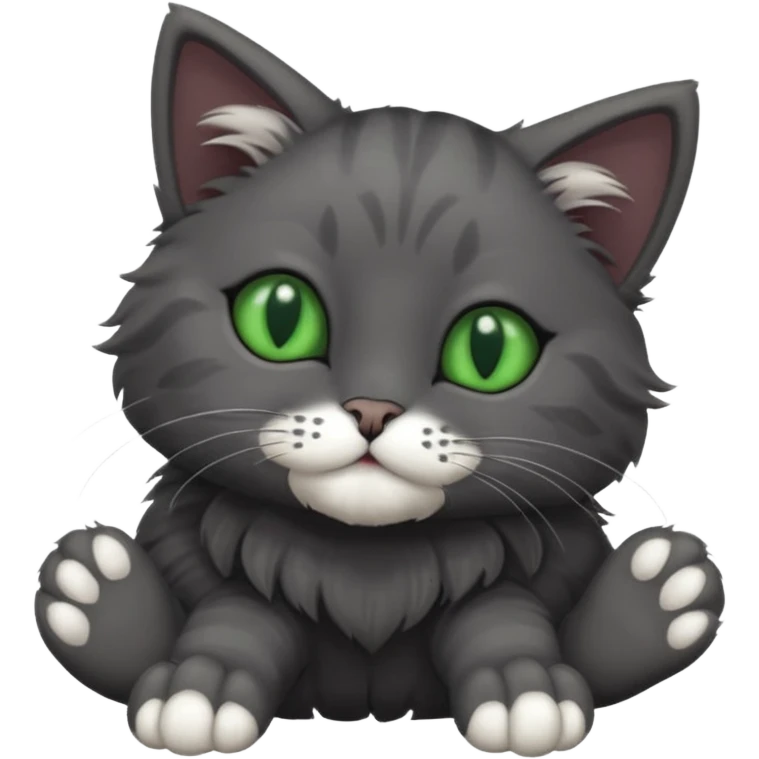solid dark grey cat with green eyes, completely solid grey face, white toes/paws playfully rolling upside down emoji