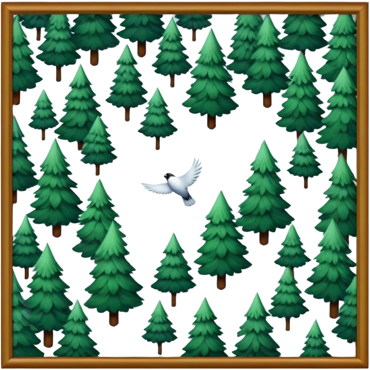 Trees with snow on it from a Birds Eye view with a bird flying over the trees emoji