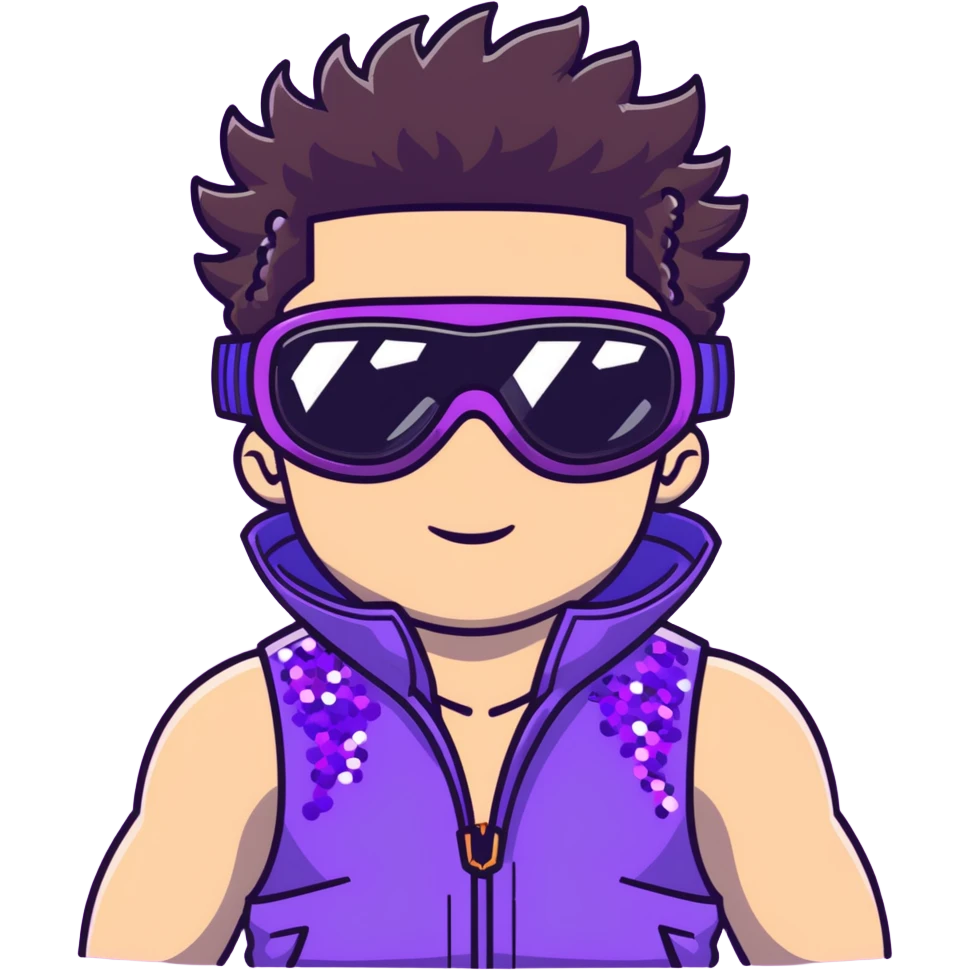 close-up of bad guy male athlete with white skin and moderately curly dark brown hair on top with shaved sides, wearing ski goggles with purple frames and very dark black lenses, a simple plain black chain necklace, and a completely unzipped sleeveless vest with purple and black sequin fire pattern design with no logo, with an extremely arrogant expression sticking his tongue out mockingly, looking menacing and villainous emoji