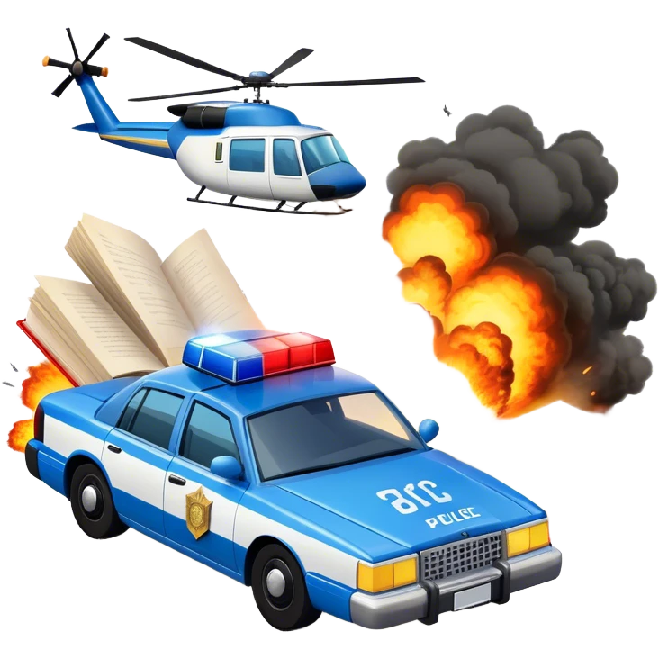 Icon for Action & Crime Reading: an open large book with text on the pages, a police car is driving out, with explosions behind, a helicopter flying above, a pistol with bullets in the front. The icon should capture the thrilling action and suspense of crime stories. Transparent background. emoji