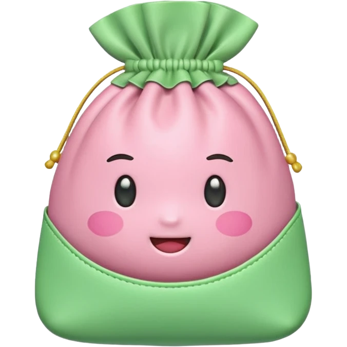 A Korean fortune pouch (bokjumeoni) in iPhone emoji style, pastel pink and light green colors, soft 3D glossy texture, centered, no outlines, transparent background. no face emoji