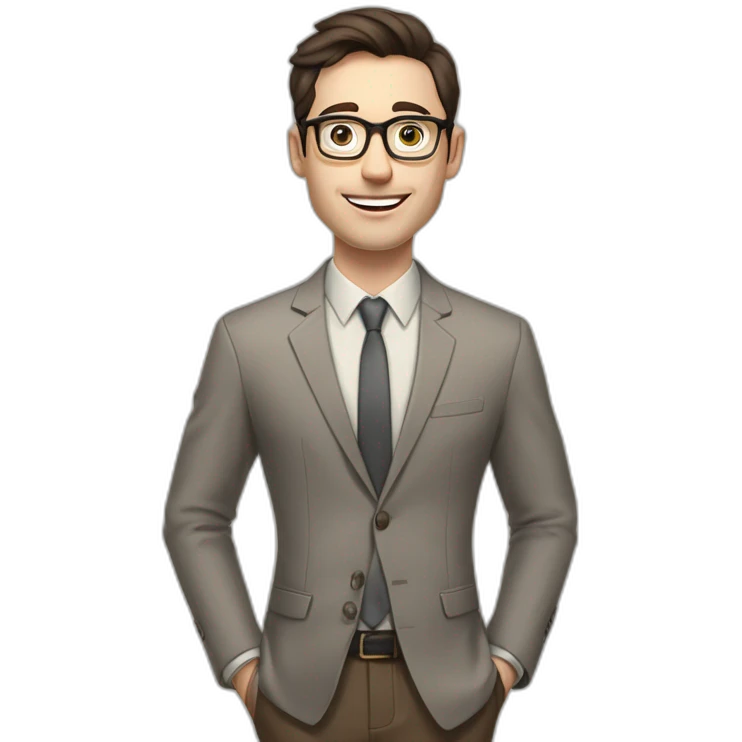 Pale skinned fit man with dark brown hair in gray jacket, beige office shirt, brown tie, brown pants and vintage glasses Writing text on the flipchart emoji