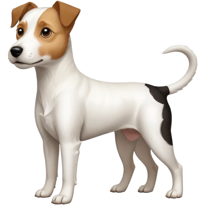 a full body white parson russell looking dog the size of a kelpie with light brown ears and a light brown patch on one eye and a large snout emoji