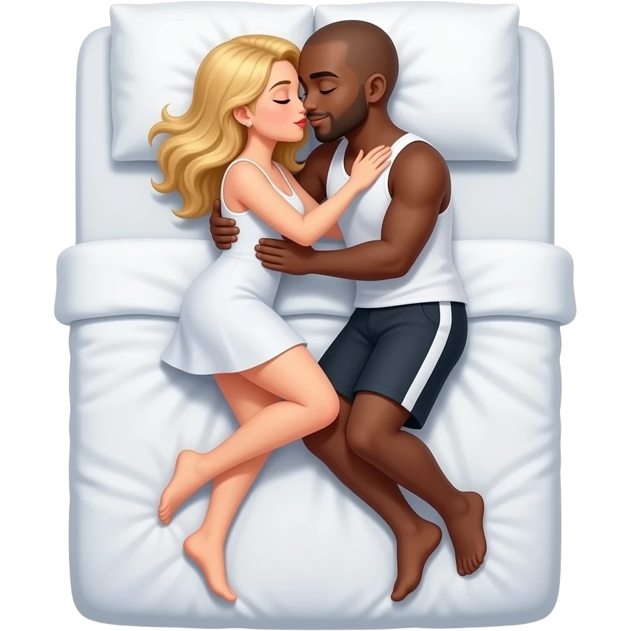 Blonde woman with black bald boyfriend making sweet love in bed emoji