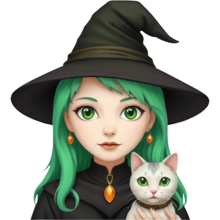 Witch with cat companion, green haired emoji