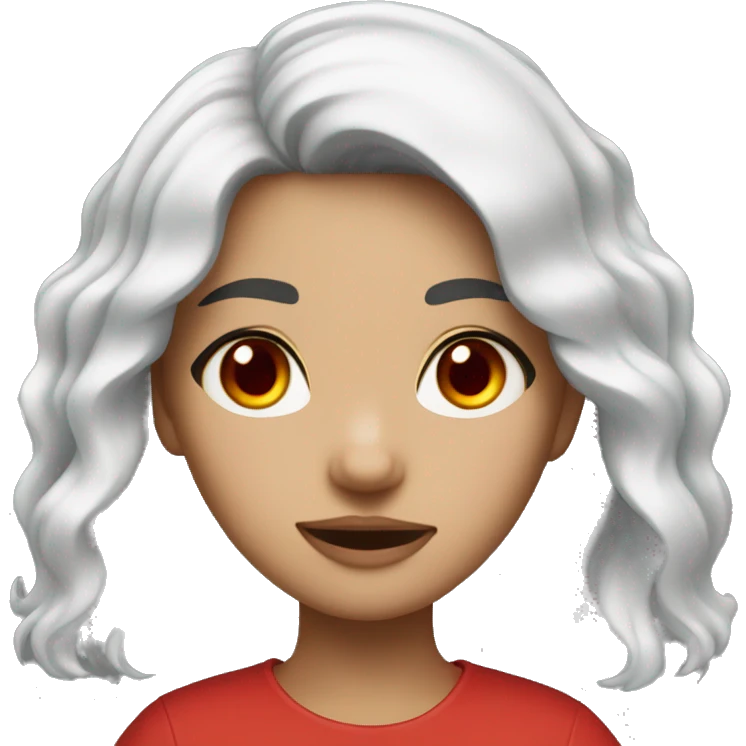 a girl with black hair and red eyes with wavey hair and mad emoji