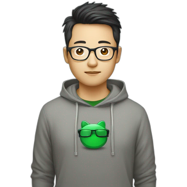 Chinese web developer, with glasses and a Vue.js T-shirt emoji