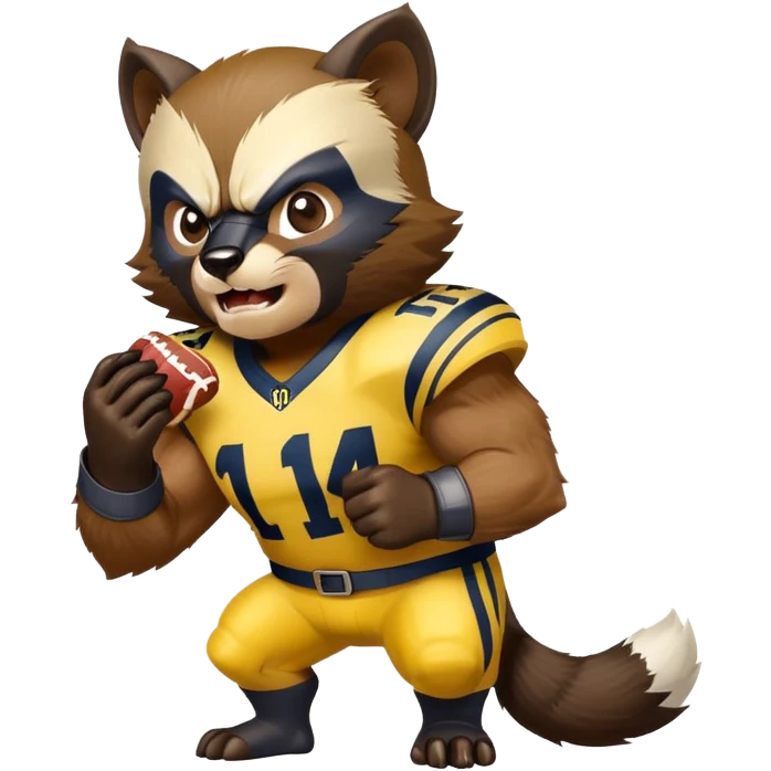 A wolverine animal wearing a Michigan jersey eating Brutus the buckeye emoji