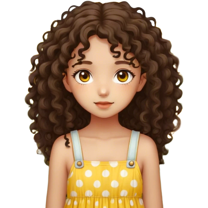 Create an image of a young dark Kawaii girl with detailed features. She has curly hair cascading down her shoulders and striking, large hazel eyes. She is wearing a yellow sundress with white polka dots. She is standing in a field full of sunflowers emoji