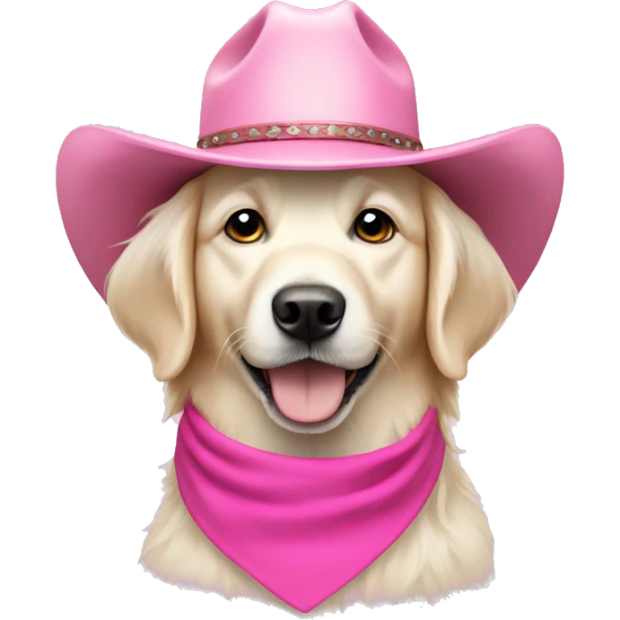 White golden retriever wearing pink cowboy hat emoji