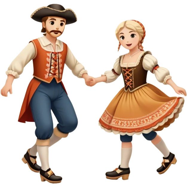 Cinematic Realistic scene of two performers executing the Klompendans, dressed in traditional Dutch costumes complete with wooden clogs and detailed folk patterns, captured in lively motion with soft, natural lighting emoji