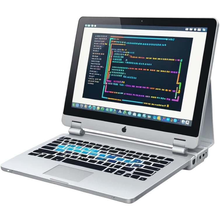 An icon featuring a laptop screen with colorful lines of code, brackets, and a blinking cursor, symbolizing programming. The design includes flowcharts, gear icons, and binary code, representing software development and logical problem-solving. Transparent background highlights the world of coding. emoji