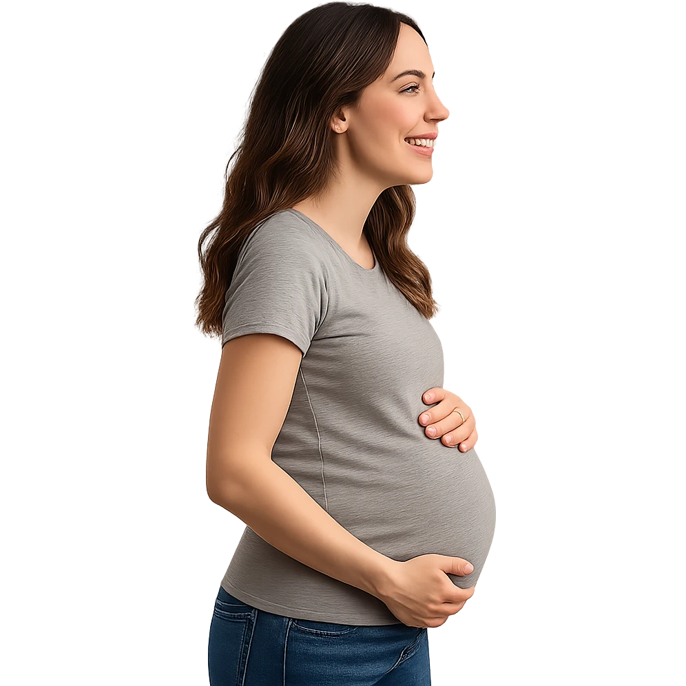 pregnant woman smiling, side profile, casual clothing emoji