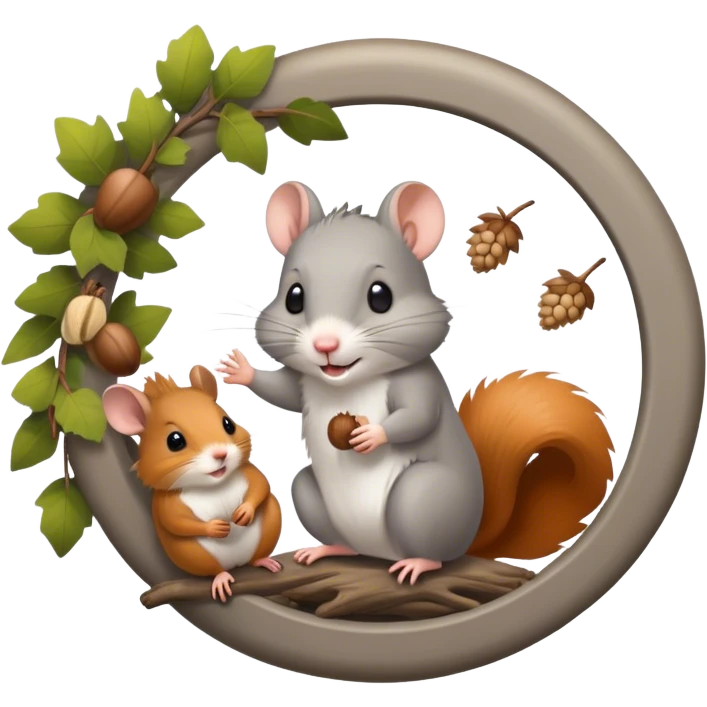 Icon for Rodents: A vibrant collage featuring a playful hamster in a wheel, a fluffy gray mouse with large ears, and a cheeky squirrel holding an acorn. Background with scattered seeds and tree branches. Transparent background. emoji