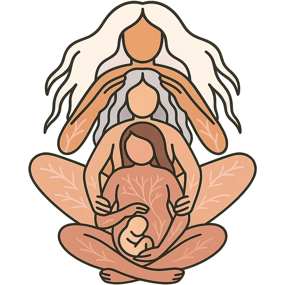 Several generations of women sitting one behind another as in the reference image, all dressed in flesh-colored bodysuits, stylized in Chinese Eastern style similar to zodiac year symbols. Use thin, clean contours with soft rounded shapes. Employ a pastel palette including #98B5BC, #B5B3C1, #C9A3C9, #E4C0CA, #F7DCD1, #F7C0AA. Include detailed shadows and highlights with soft lighting. Transparent background. Less cute, no decorative elements. Silhouettes and composition as in the reference. emoji
