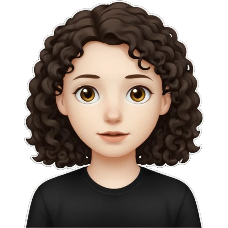 Pale skin, long curly dark brown hair, medium brown eyes. emoji