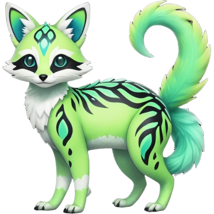 Rare realistic iridescent neon lime-green & cyan white black lush tropical exotic edgy epic pretty beautiful handsome gorgeous aesthetic colorful vibrant Vernid-Protogen-Fionbri-Genet-Trico-species-Fakemon-hybrid-creature by LiLaiRa, beautiful intricate markings, full body emoji