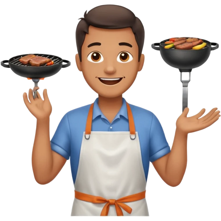 A cheerful man in an apron flipping meat on a sizzling grill with smoke puffing upward. emoji