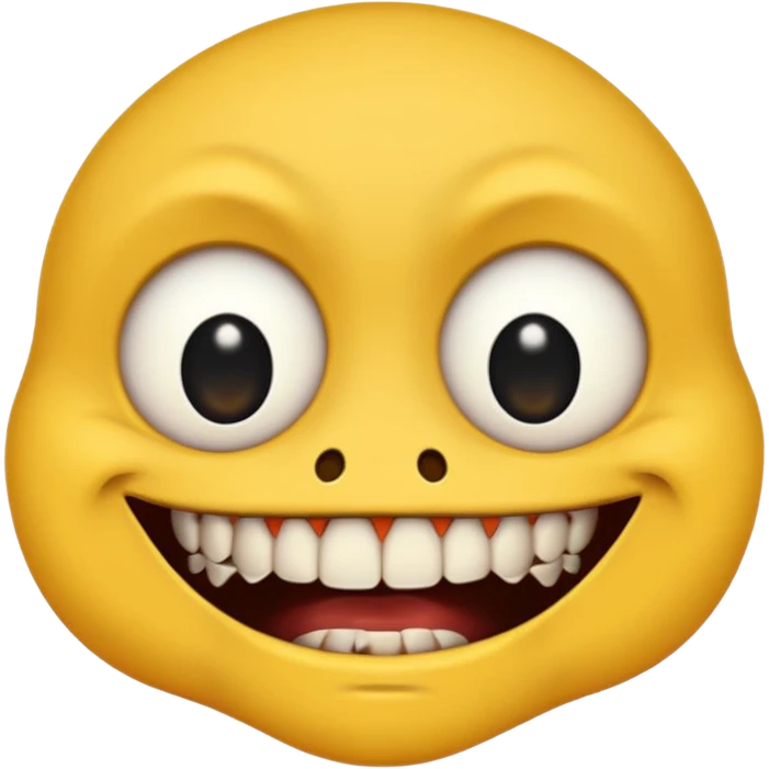Yellow face emoji with only two teeth white and the rest of the teeth black and rotten, scars on the face and eyes wide with black pupils emoji