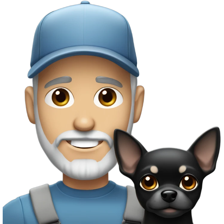 Handsome man, with blue eyes, grey hair, and grey goatee beard, wearing ball cap and holding a long haired black chihuahua emoji