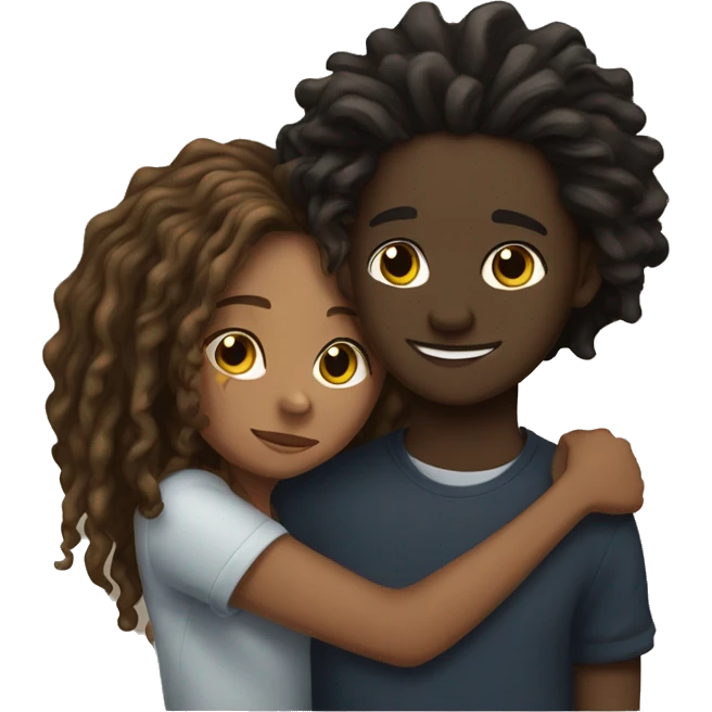 Brown girl with wavy hair hugging black boy who has dreads  emoji