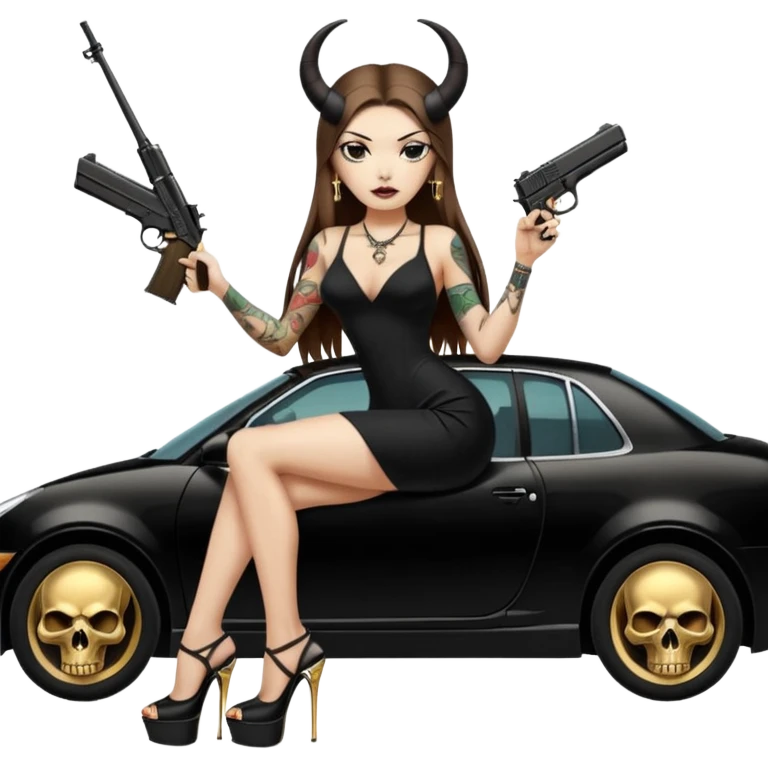Sensual woman long brown straight haired sexy drug lord woman with tattoos on arm sleeves and black thick butt platform high heels on her feet, and devil black horns on her head, she is holding a skull head and a gun. Sitting on gold car full of cash , long black dress with sexy slit emoji