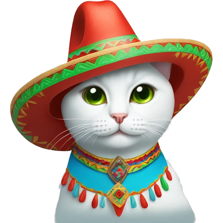 White cat with blue tears on the cheeks wearing a green and red Mexican sombrero emoji