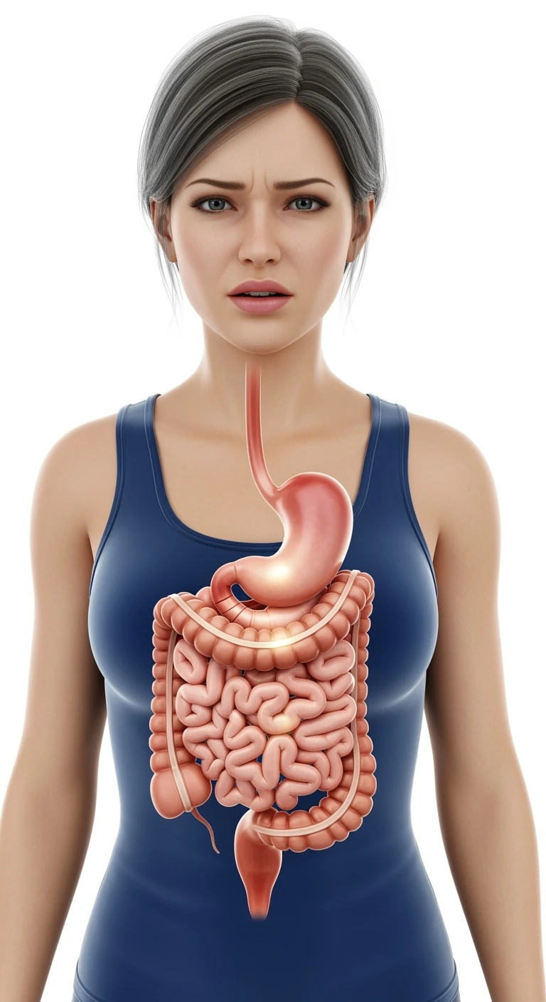 donna stressata con intestino umano anatomico in evidenza, iperrealistica 4k, sfondo bianco emoji