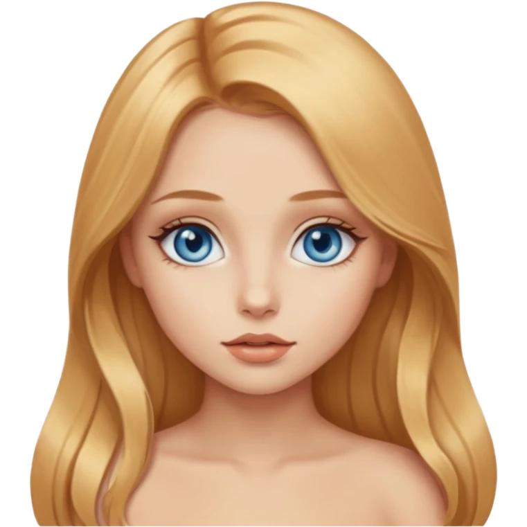 A beautiful blue-eyed girl with long golden-copper blonde hair, full lips, large eyes, and bare breasts emoji