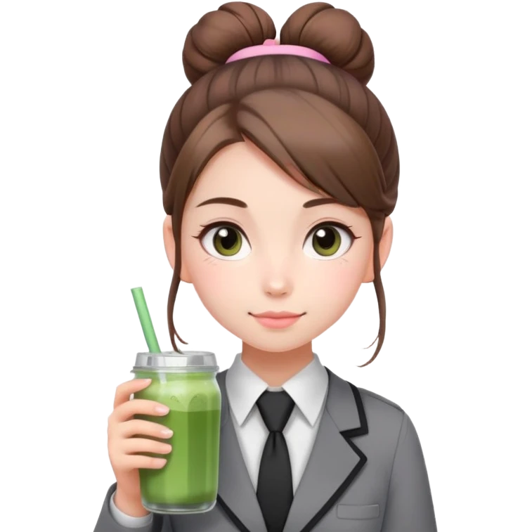 a cute face girl have bright white skin with brown one hair bun and a gray school uniforms and a black
tie, she use a pastel pink bagpack and
she brought a glass of matcha drink. emoji