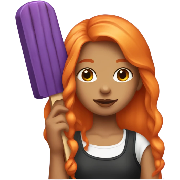 A girl with orange hair holding a purple popsicle  emoji
