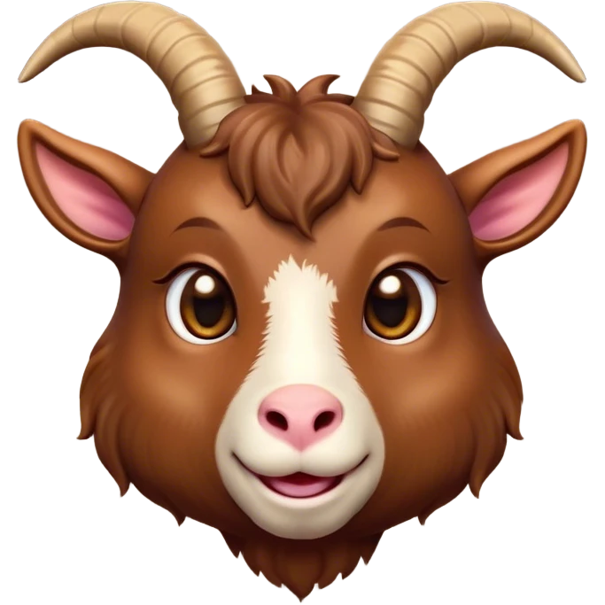 Cinematic Cute Brown Goat Portrait Emoji, Head tilted playfully and inquisitively, featuring a glossy, rich brown fur with charming curved horns, round, sparkling eyes filled with gentle curiosity, Simplified yet irresistibly adorable features, highly detailed, glowing with a warm, friendly glow, high shine, affectionate and lively, stylized with a touch of rustic whimsy, bright and endearing, soft glowing outline, capturing the essence of a mischievous yet loving goat, so playful it feels like it could trot out of the screen and into your arms! emoji
