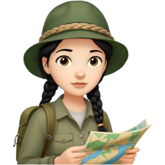 A braid black hair backpacking woman checking her map with curious eyes while walking in the woods with camping hat emoji