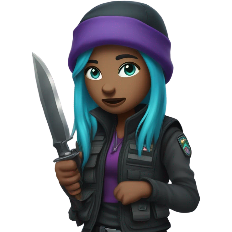 Girl, tactical vest, dark pants, long teal and purple hair, blue eyes, purple beanie hat, knife, black combat boots emoji