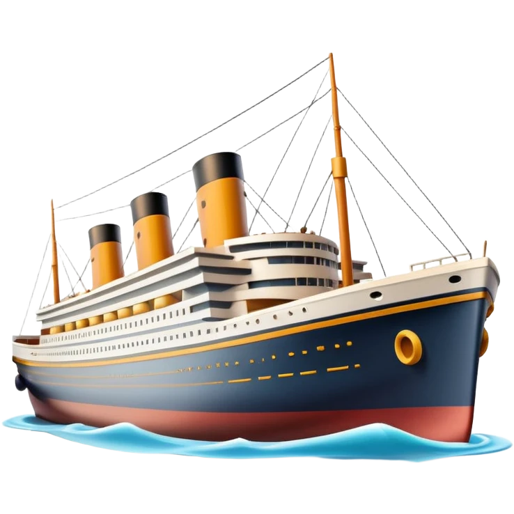 A 3D emoji of a Titanic ship in Apple style, glossy and smooth surface, bright clean colors with subtle shading, simple and minimal details, no face or expressions, floating on calm ocean, soft shadows, high-quality render, isolated on white background.


 emoji