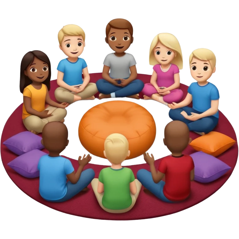 создай стикер где ребята сидят и обсуждают на утреннем круге какую то историю поддерживающая атвосверав, ребята сидят в полукруге на коврике и на мягких мешках emoji