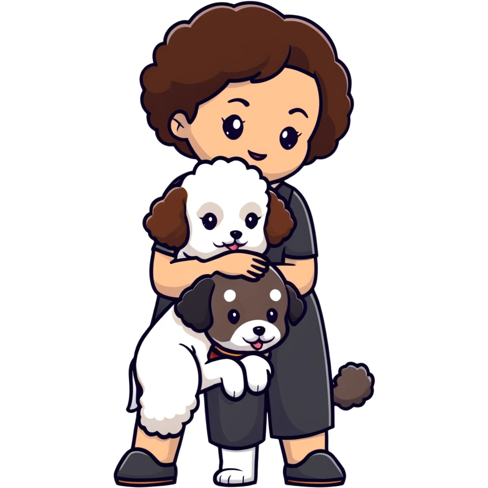woman with short black hair hugging a brown poodle and a white bichon frise emoji