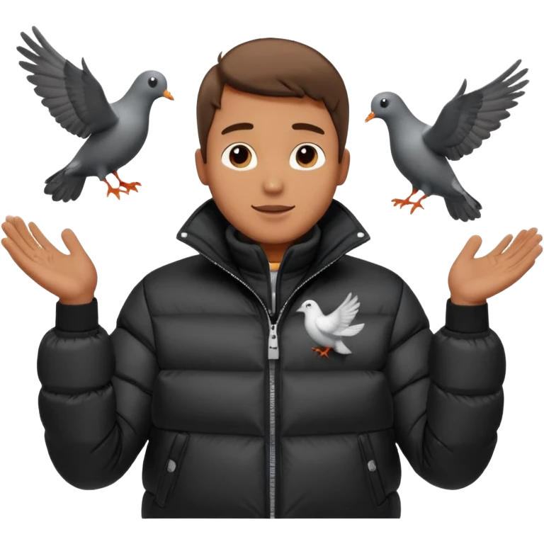 puffer shiny black jacket man open arms looking at a flying pigeon emoji